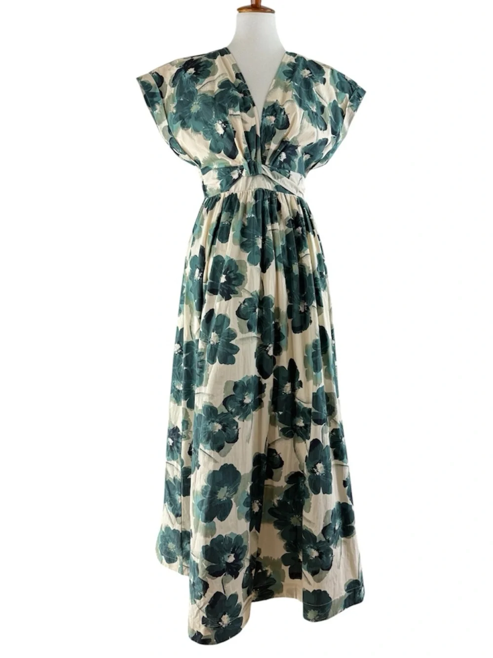 Abercrombie & Fitch Cream & Teal Green Floral V-Neck Maxi Dress NWT